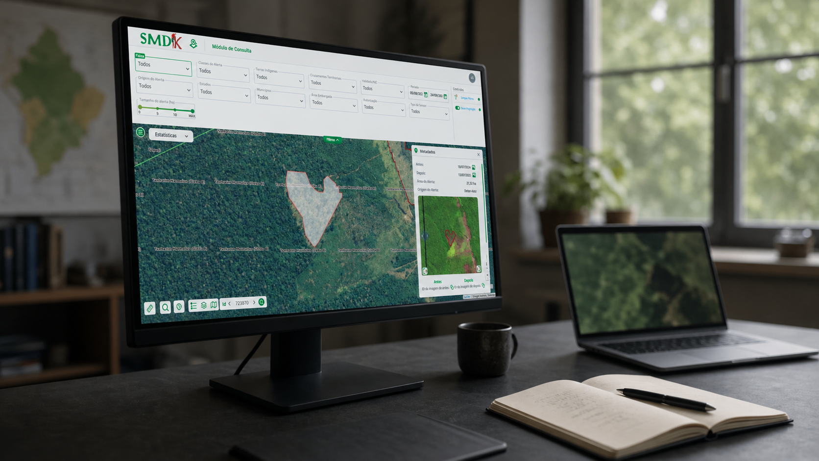 Monitoramento de desmatamento no SMDK, com alertas sobre imagem de satélite da floresta