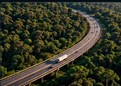 Rodovia elevada atravessando a floresta